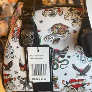 Ed Hardy White/Black Tattoo-Print Satchel